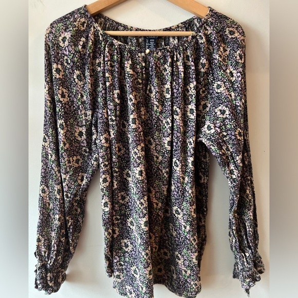 Chaps Floral Cotton Blend Tie Sleeve Long Sleeve Top M - Picture 1 of 11